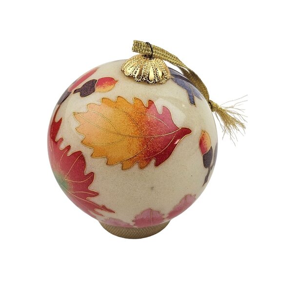Hand Painted Glass Ornament Fall Leaves Green Gift Box Seasonal Decor Vintage - Picture 3 of 6